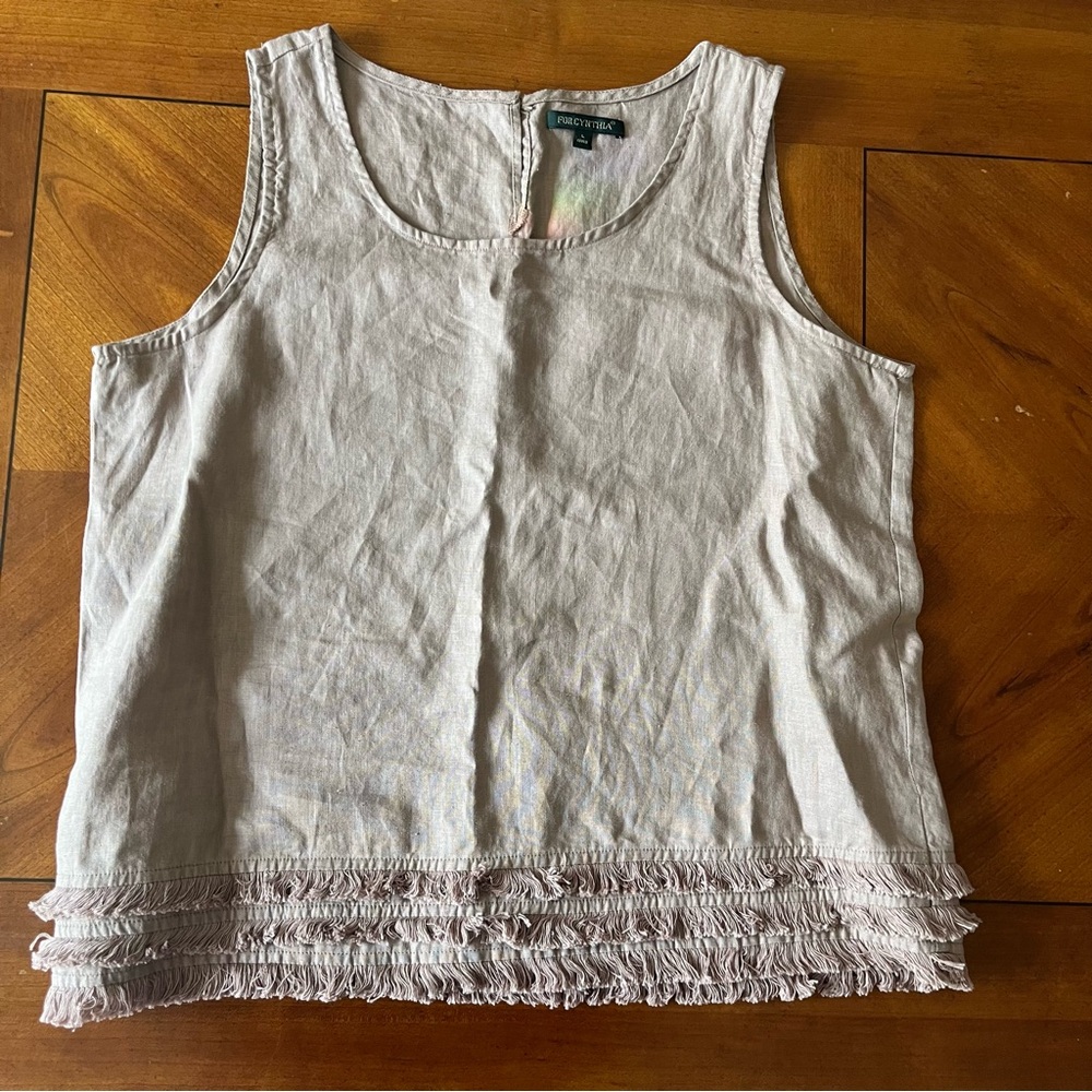For Cynthia 100% Linen Beige Sleeveless Top Lagenlook Fringe  Size Large